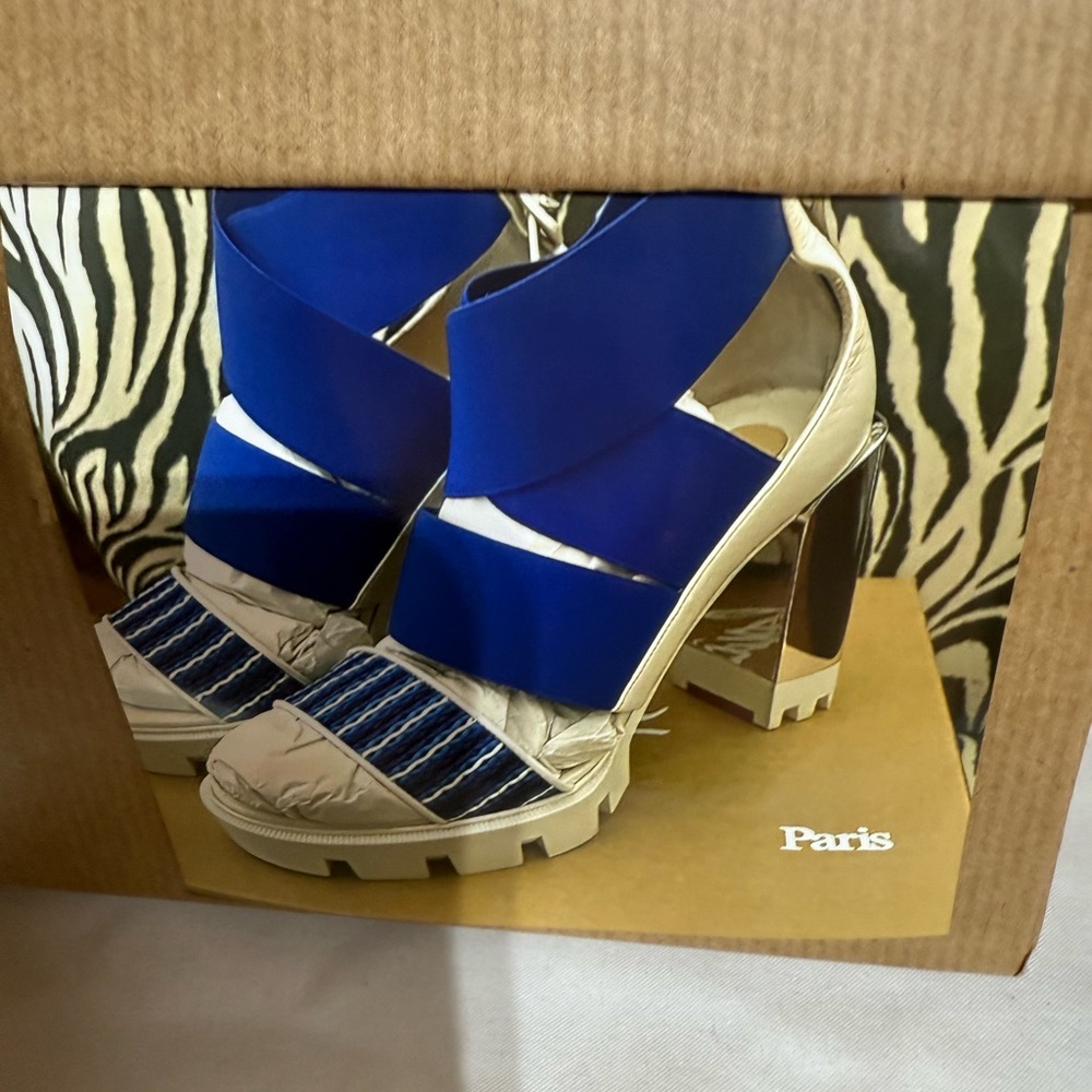 Christian louboutin Aris Blue and Cream High Heels with Chunky Heel